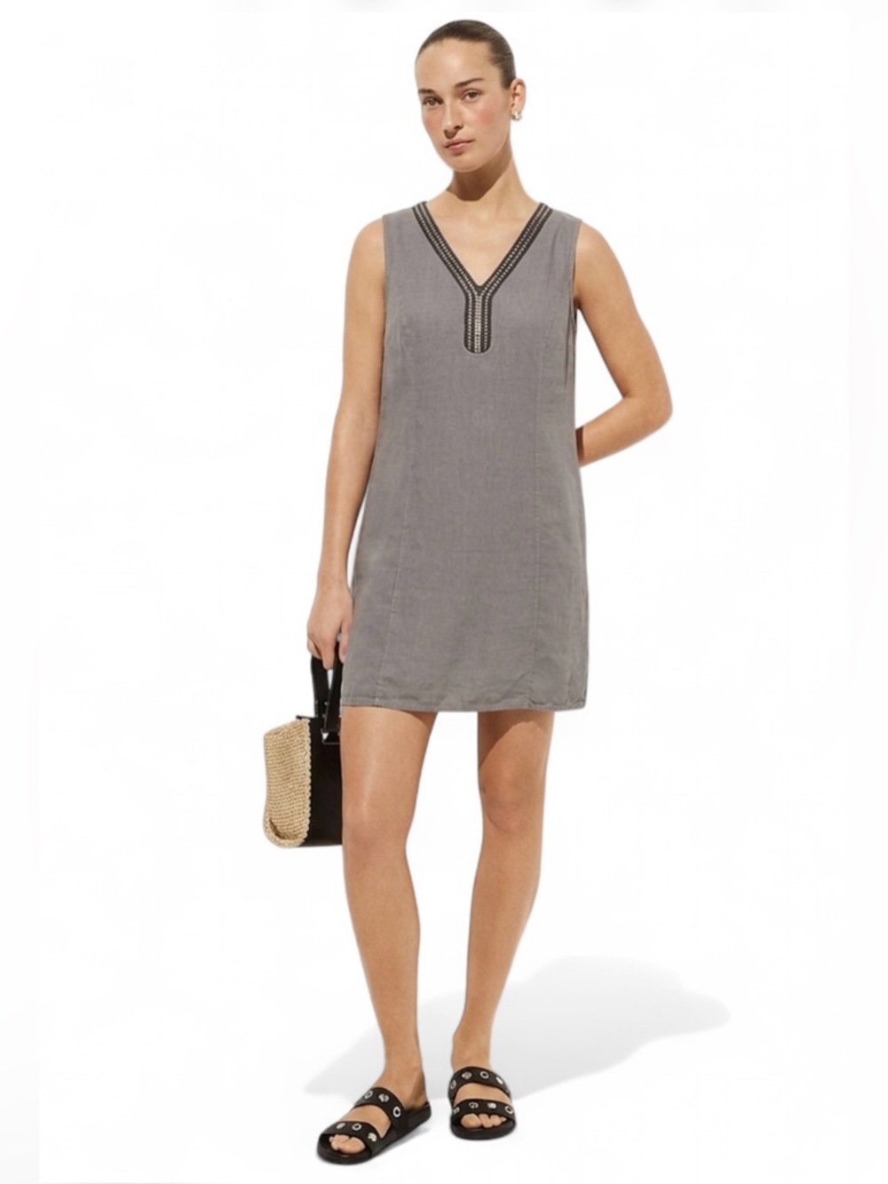 Lina Tomei Italy Gray V Neck Crystal Embellished 100% Linen Shift Dress Medium